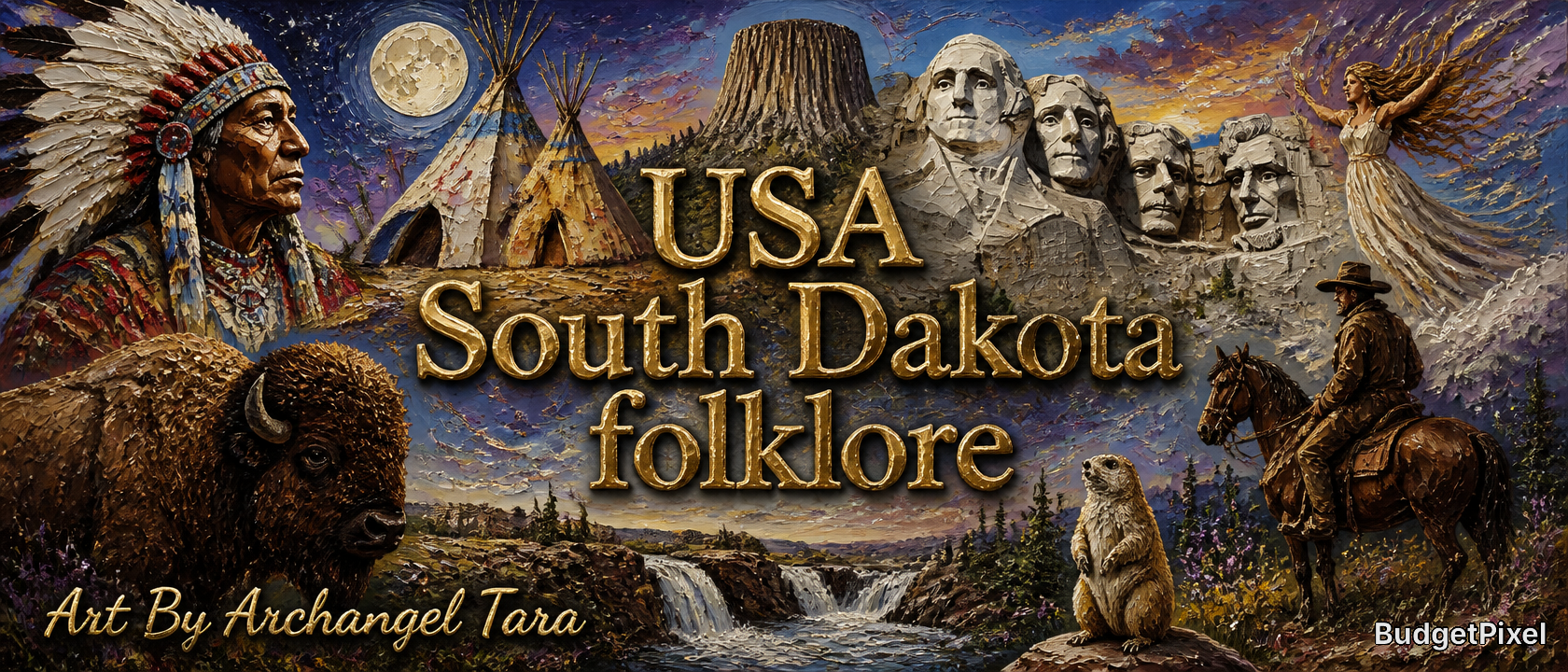 [Textured impressionist collage illustration of South Dakota folklore, featuring regional landmarks, a Plains Native chief...