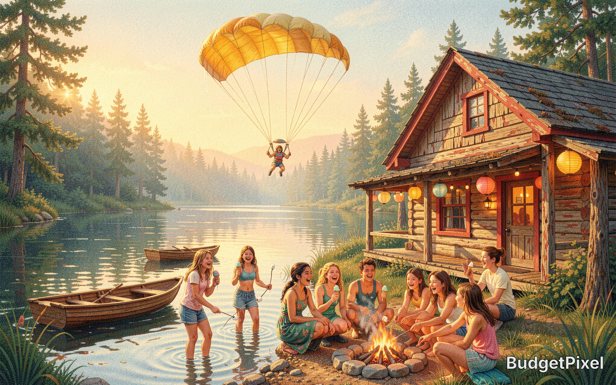 Whimsical lakeside cabin scene at golden hour, friends gathered at a shore campfire as a person parachutes overhead above ...