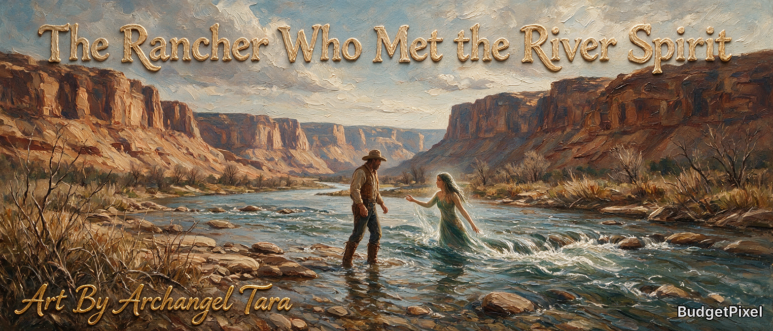 [Impressionist oil painting overlaid with story title, showing a rancher meeting a river spirit wading in a red rock canyo...
