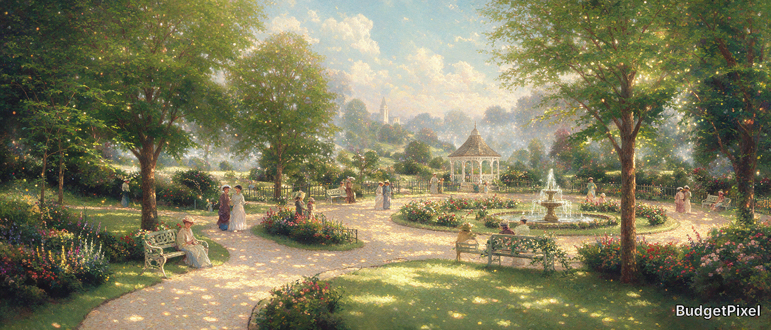 [Impressionist painting of a sun-dappled Victorian public park, with a fountain, gazebo, period-dressed visitors, and lush...
