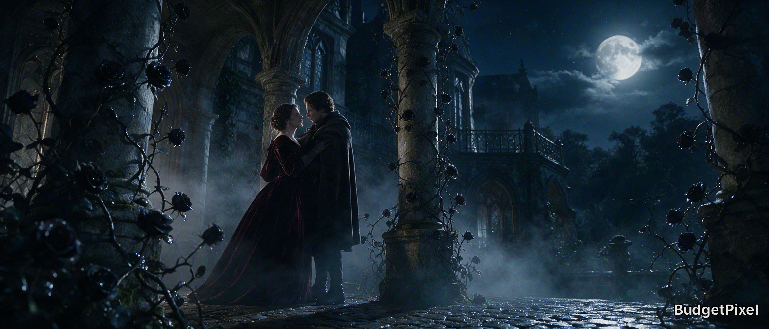Romantic medieval couple embracing in a misty gothic castle courtyard under a glowing full moon, framed by black rose vines