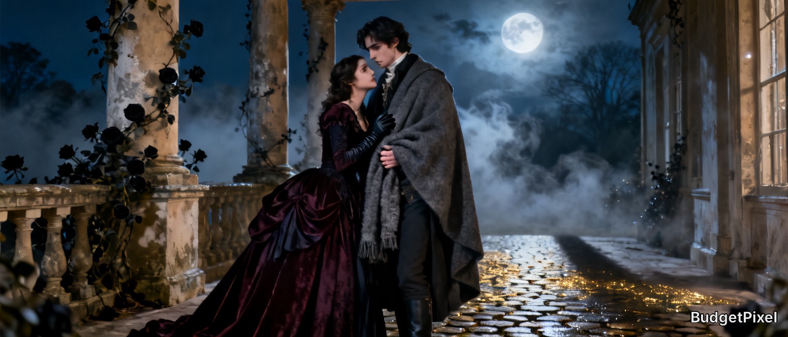 Gothic romantic Regency couple gaze tenderly at each other on a misty moonlit old manor terrace under a bright full moon.