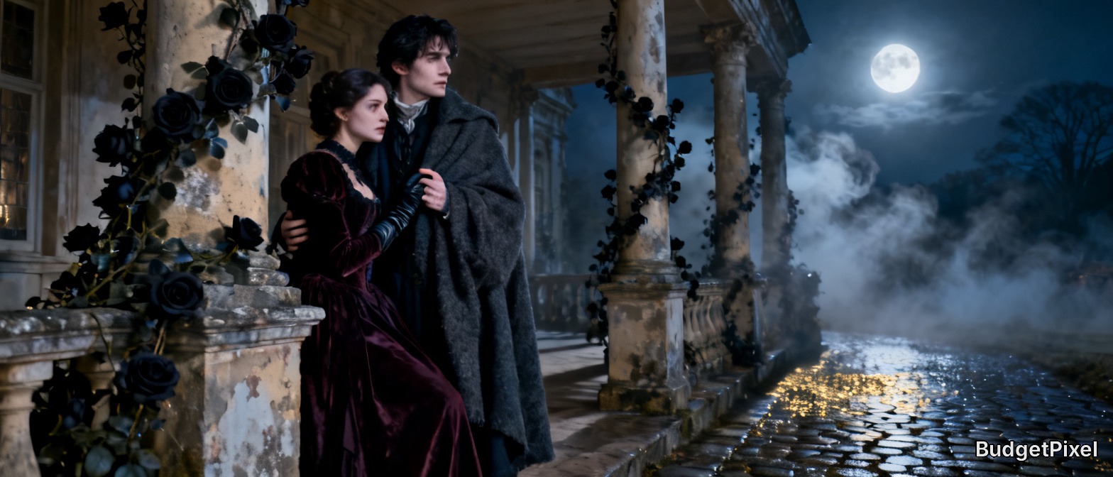 [Gothic Victorian couple stand arm-in-arm on a misty weathered manor porch under a glowing full moon, framed by black rose...