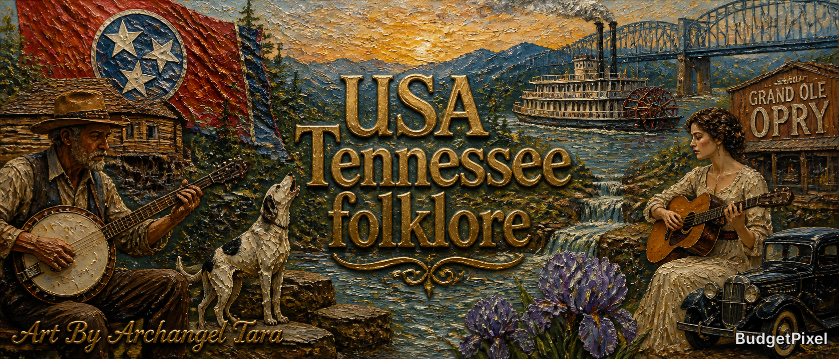 [Textured impasto illustration celebrating Tennessee folklore, featuring folk musicians, state flag, and iconic regional l...