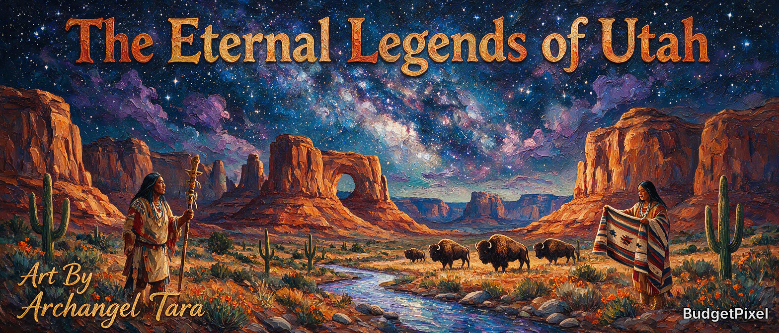 "The Eternal Legends of Utah" banner art, starry red rock desert scene with Indigenous figures, bison, and a natural sands...
