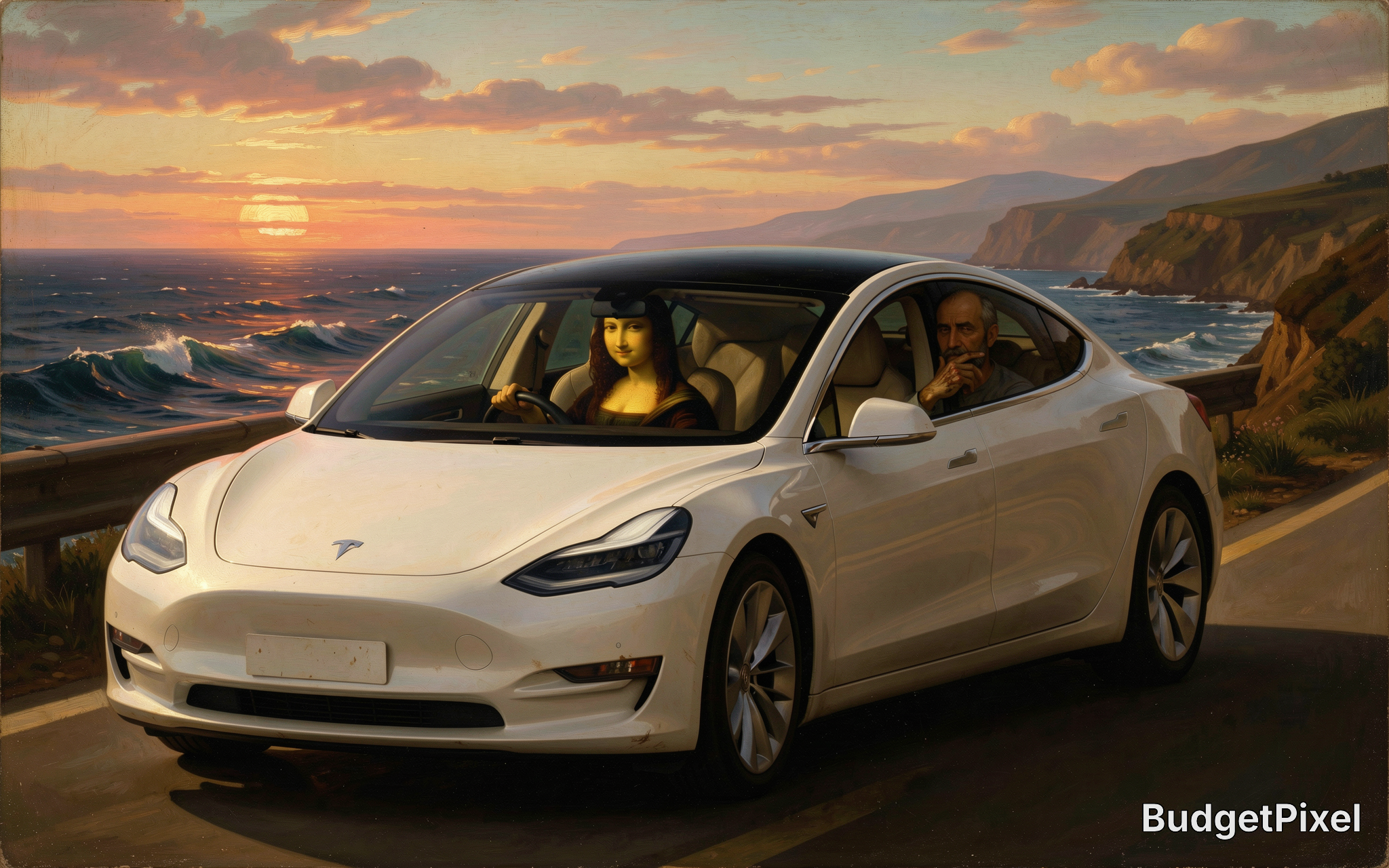 Surreal painterly artwork of Mona Lisa driving a white Tesla on a coastal cliff road at golden sunset