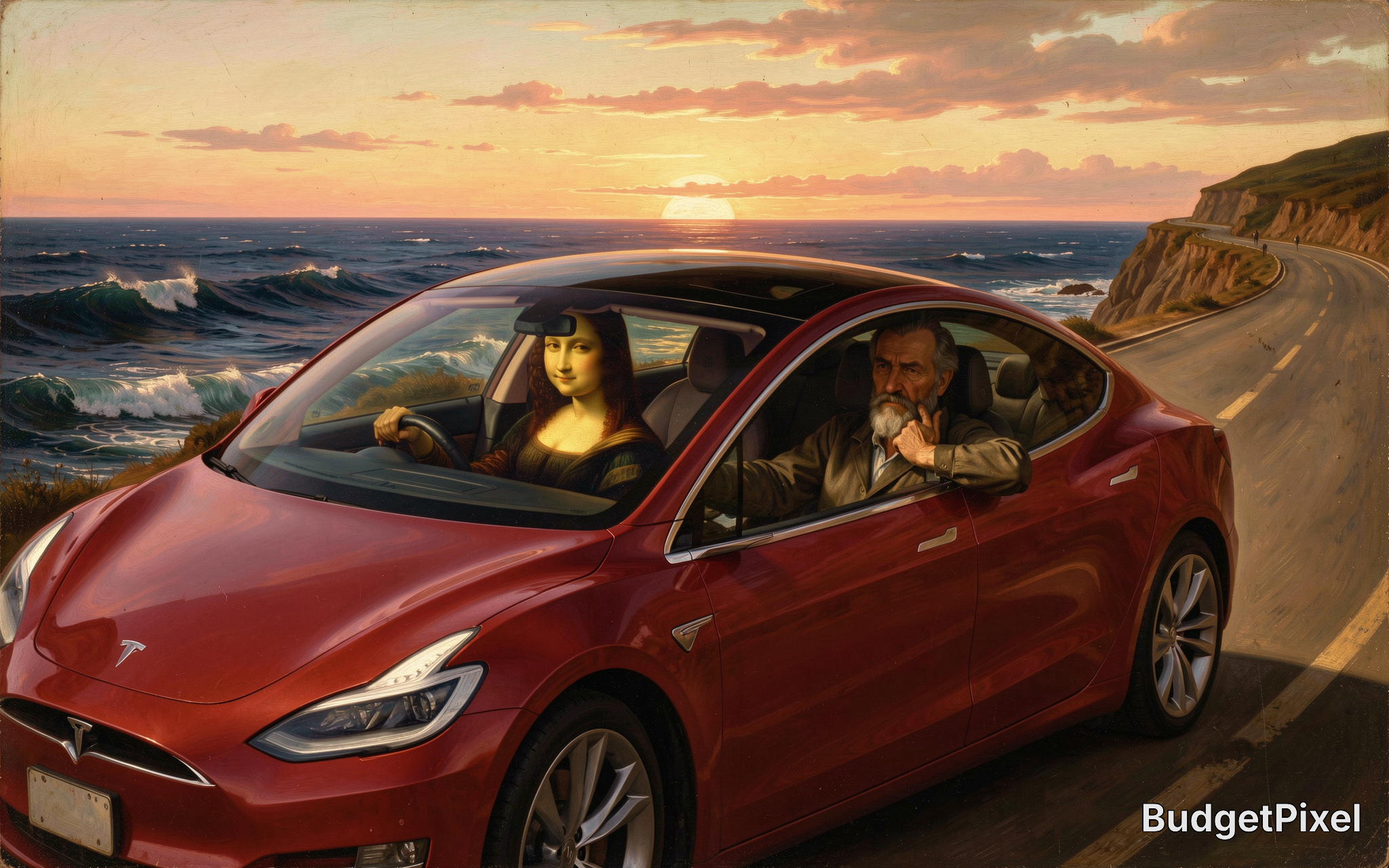 Surreal oil painting of Mona Lisa driving a red Tesla on a cliffside coastal road at golden sunset