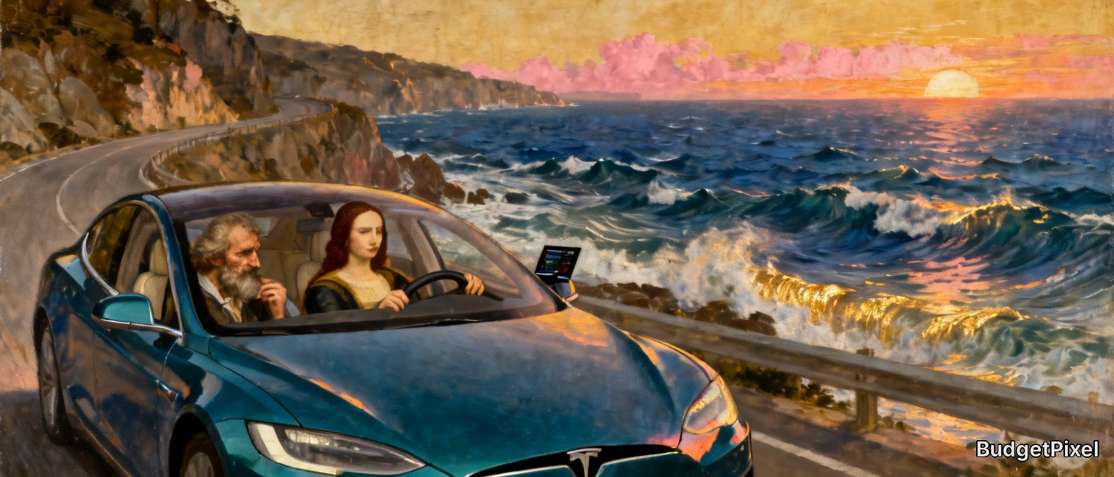 [Surreal renaissance-style painting of Mona Lisa driving a teal Tesla along a coastal cliff highway at sunset with a passe...