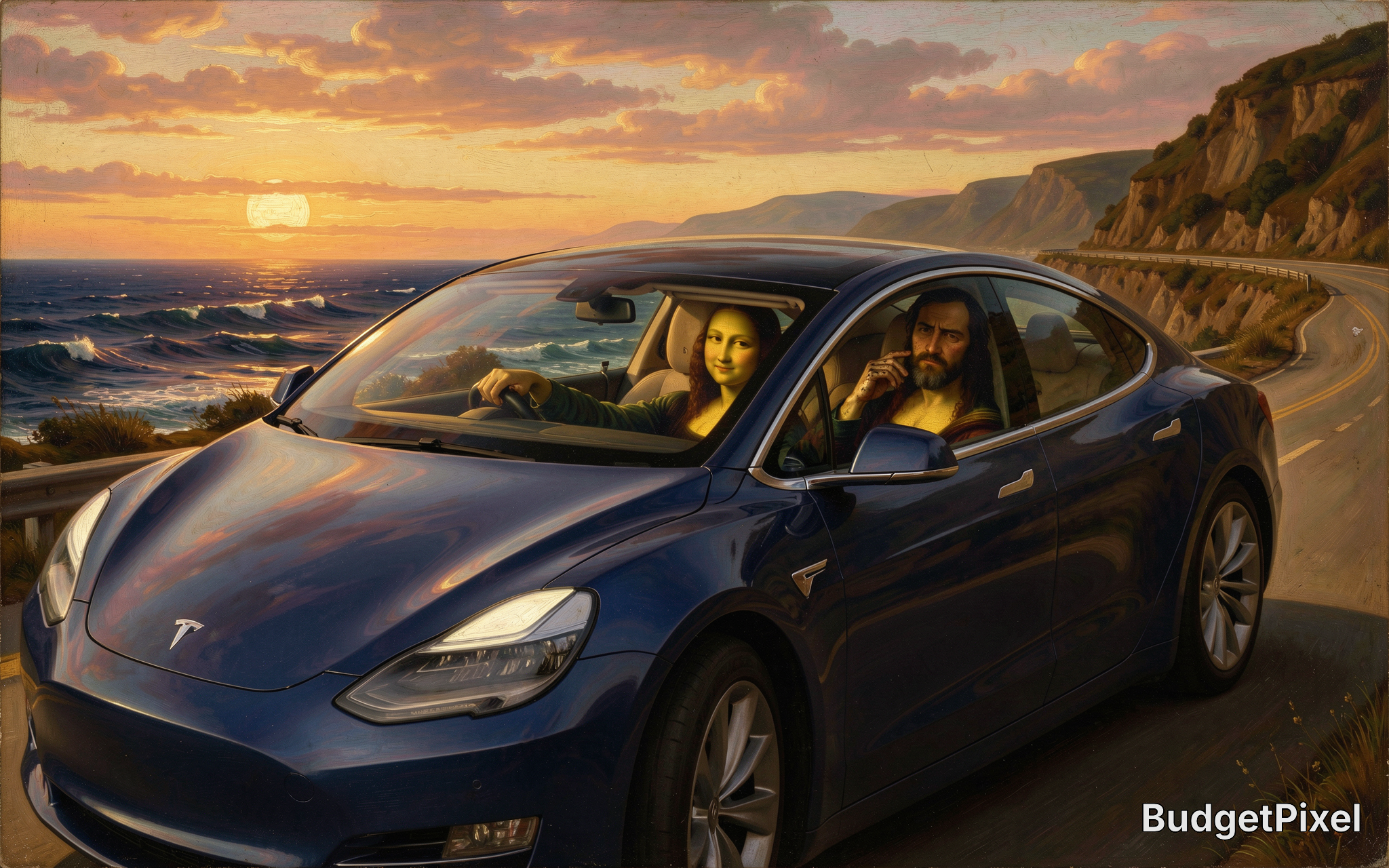 Classical art parody of Mona Lisa driving a blue Tesla with Jesus as passenger on a scenic coastal highway at sunset.