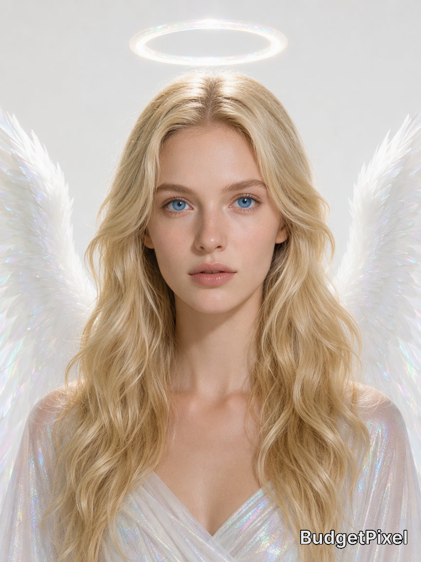 Ethereal portrait of a blonde female angel with glowing halo, iridescent feathered wings, and sheer shimmering white clothing