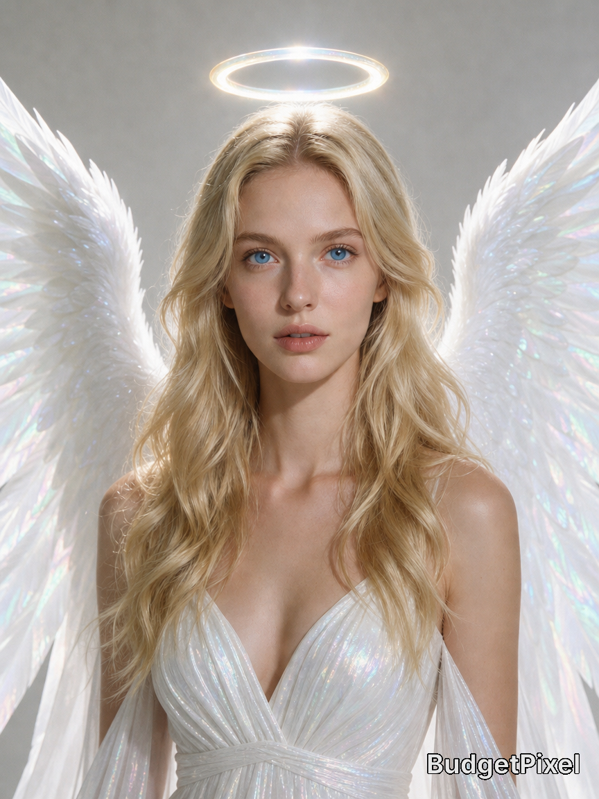 [Serene blonde angel portrait with glowing halo, iridescent white wings, and shimmering gown against a soft gray studio ba...