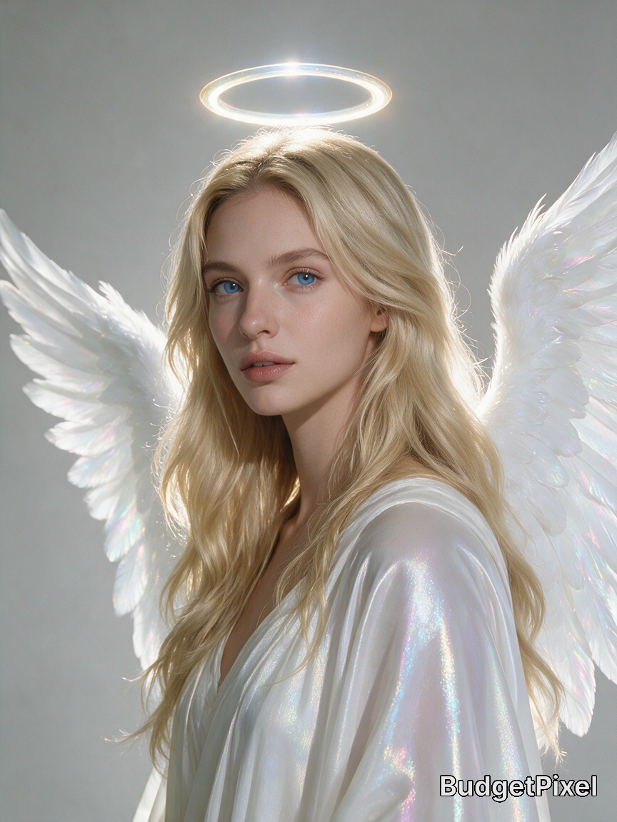Portrait of a serene blonde angel with glowing halo, iridescent white feathered wings, and pearlescent robe.