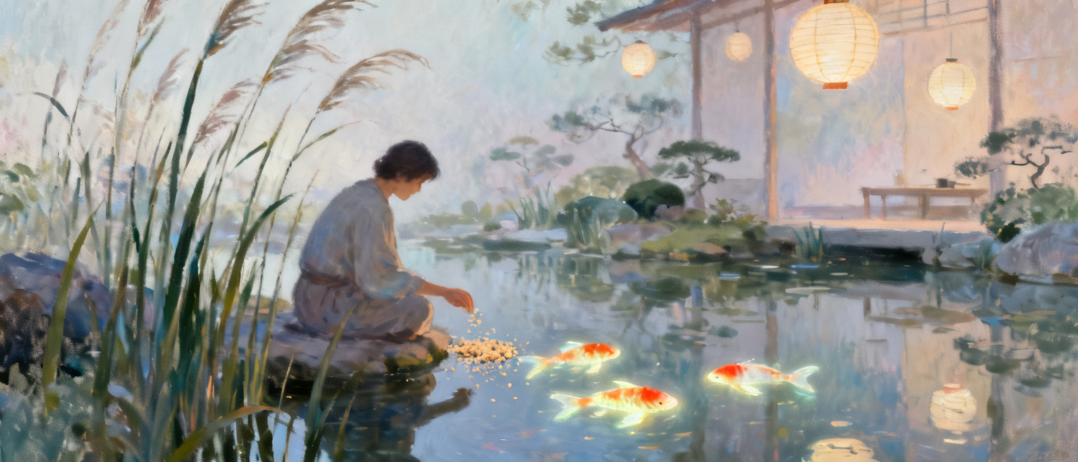 Impressionist artwork of a robed figure feeding glowing koi fish in a misty traditional Japanese garden pond