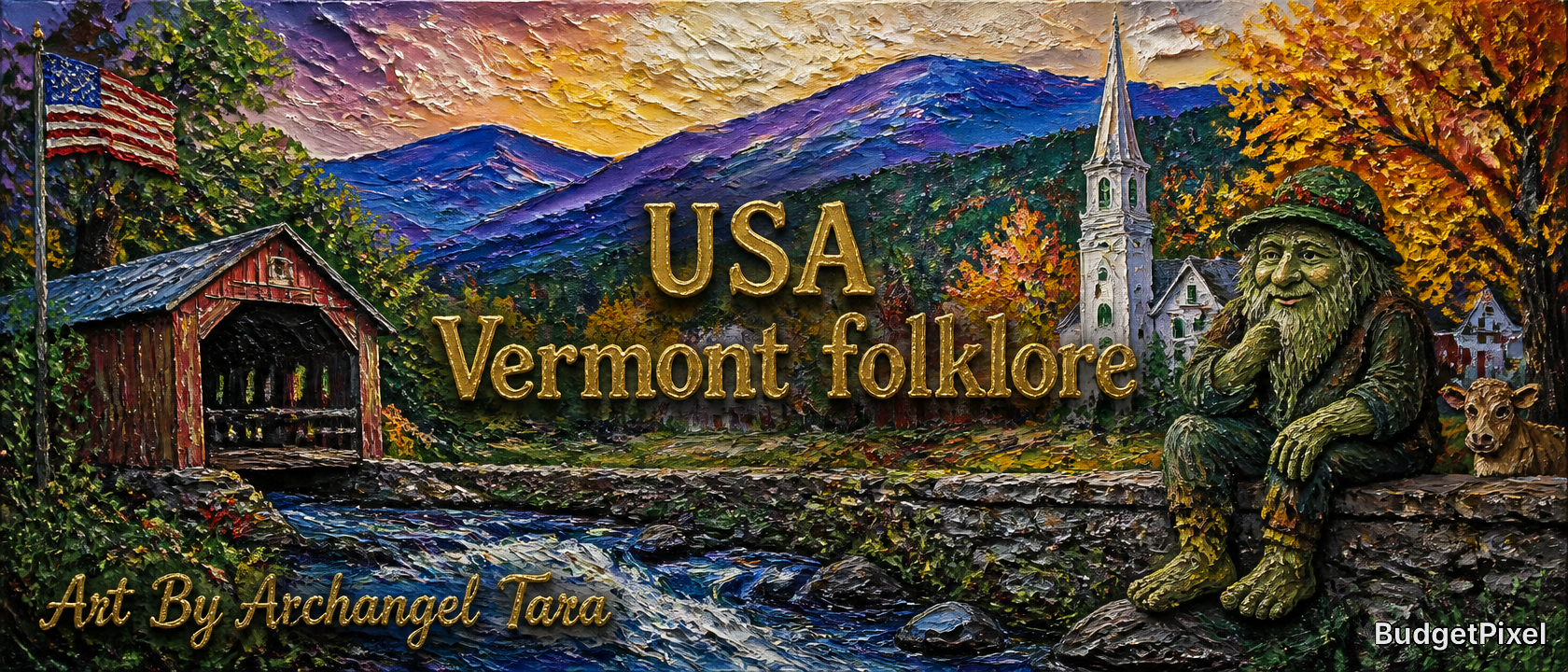 [Impasto folk art of Vermont autumn landscape, featuring a folkloric river spirit, covered bridge, and "USA Vermont folklo...