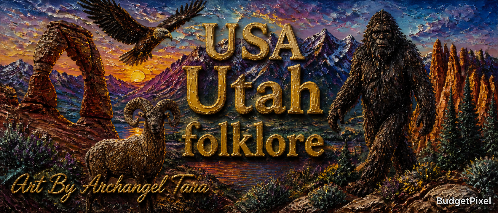 [Textured impasto artwork of Utah landscape, Delicate Arch, Bigfoot, bighorn sheep, eagle with "USA Utah folklore" text ov...