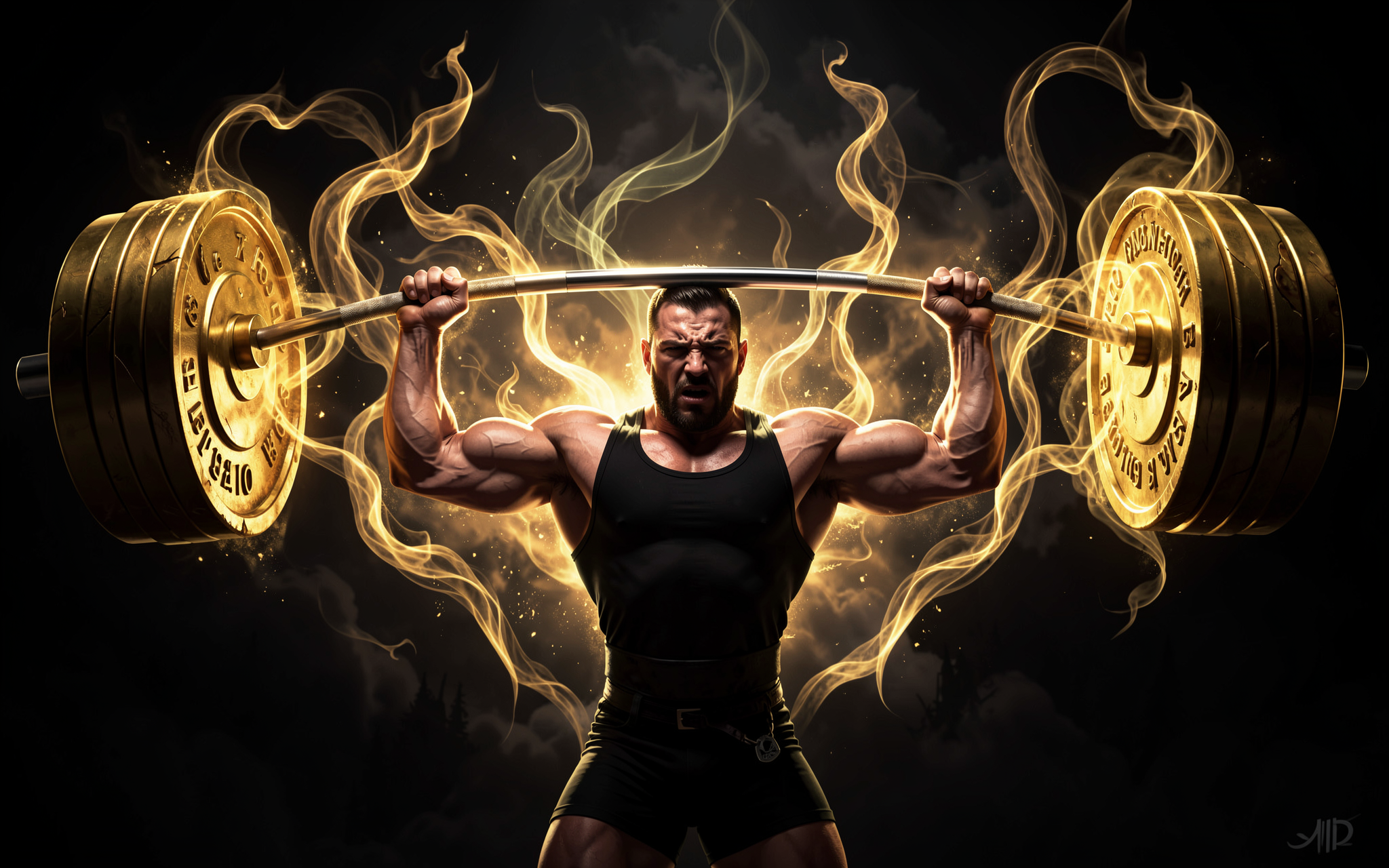 [Powerful muscular weightlifter holds a glowing golden barbell overhead, wreathed in swirling golden energy against a dark...
