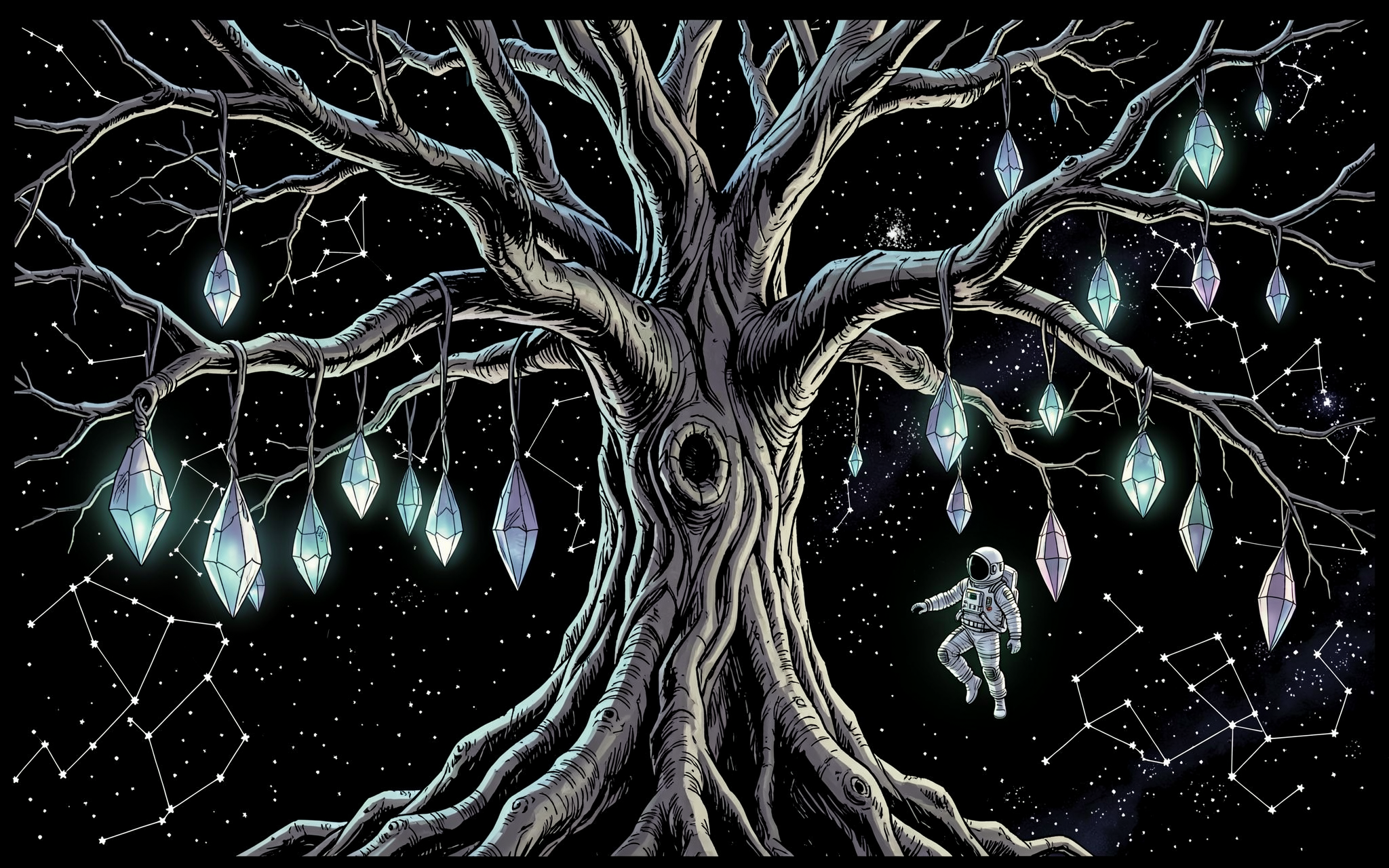 [Surreal illustration of a giant gnarled cosmic tree strung with glowing crystals, floating astronaut against a starry con...