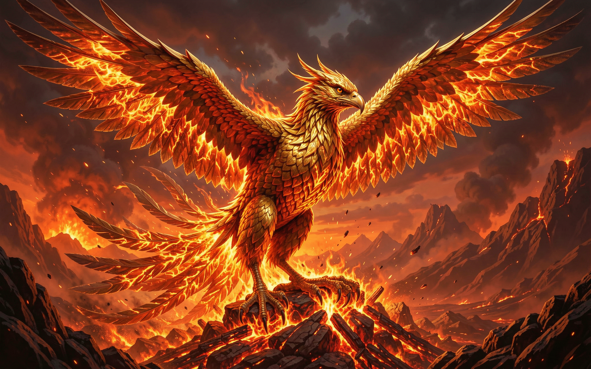 Majestic golden fiery phoenix with outstretched wings perched on burning volcanic rock under ash-filled storm skies.