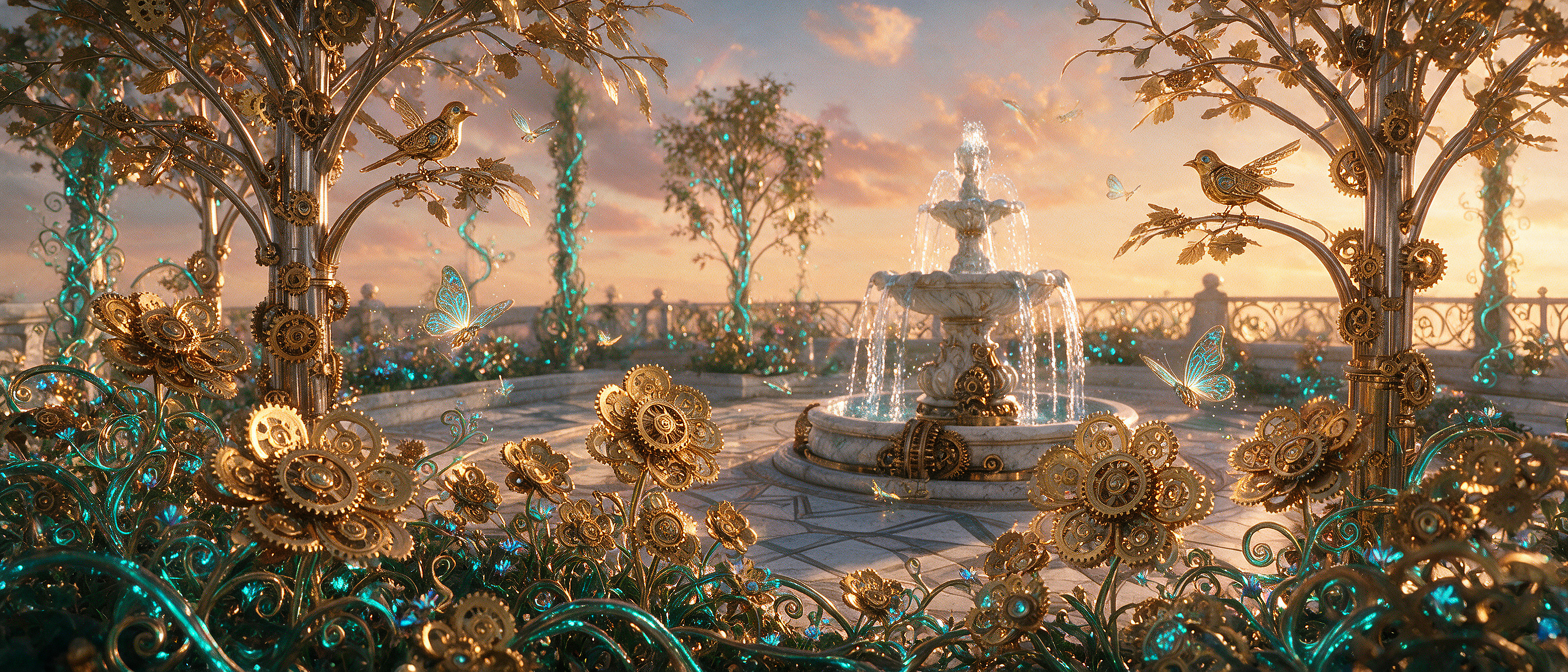 Surreal steampunk fantasy garden with mechanical gear trees