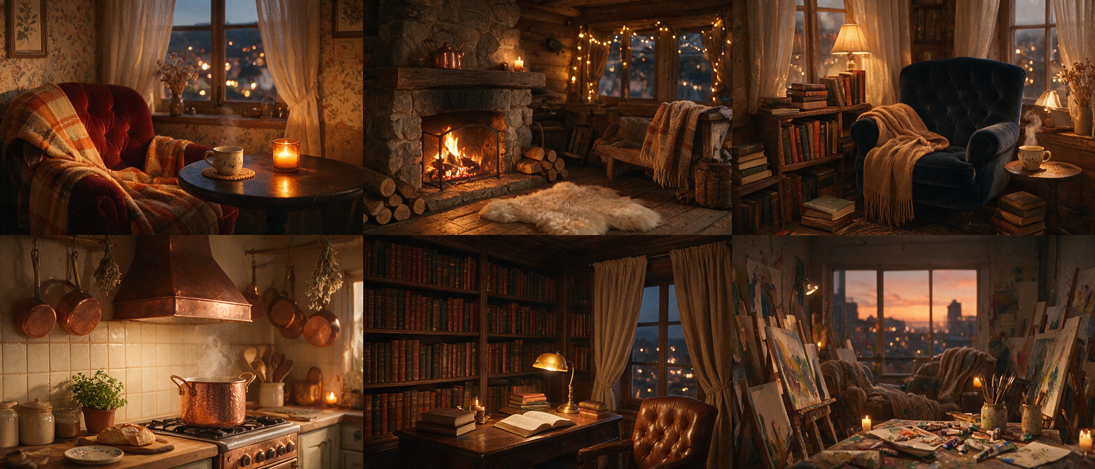 Collage of six warm cozy cottage interior scenes featuring reading nooks, a wood fireplace, vintage kitchen, and art studi...