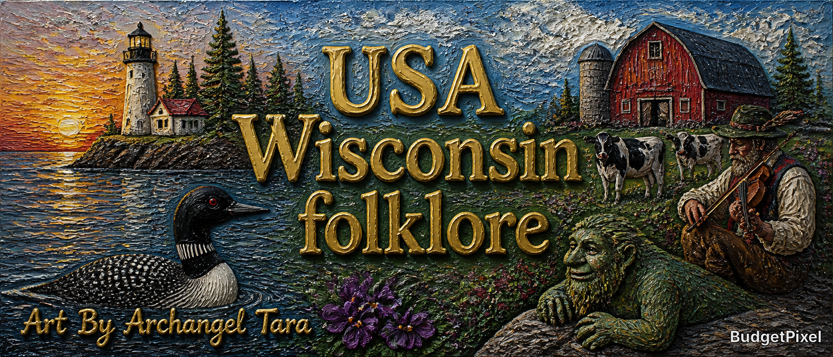 [Textured impasto folk art graphic showing "USA Wisconsin folklore" alongside iconic state nature, farm, and folkloric ima...
