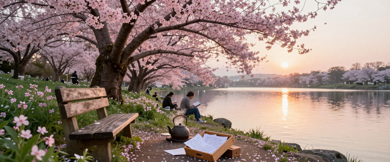 Serene sunset lakeside lined with pink cherry blossom trees, visitors reading, and a park bench with a tea set in the fore...