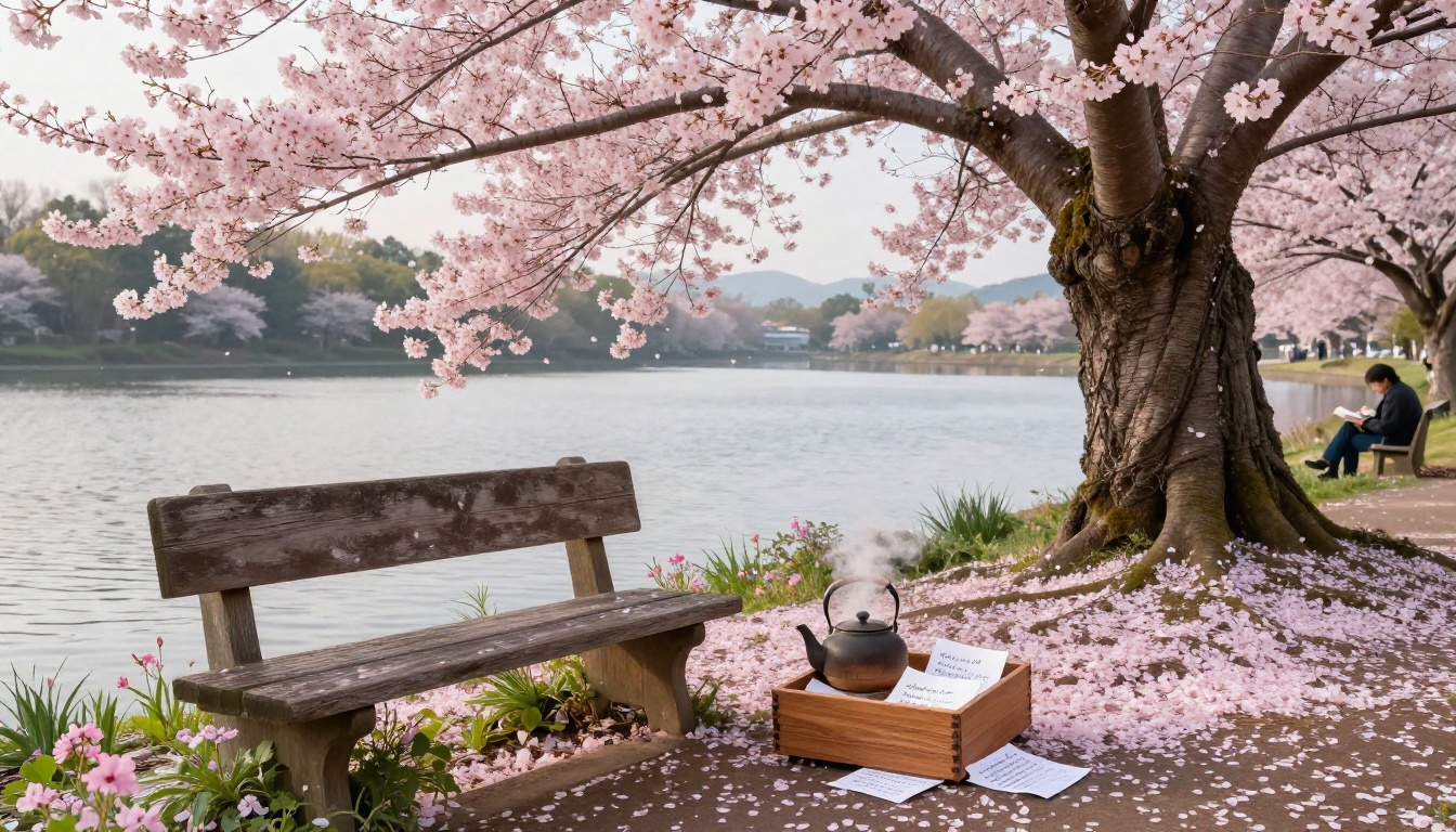 Weathered wooden park bench under a blooming pink cherry tree beside a calm lake, with a steaming teapot on petal-strewn g...