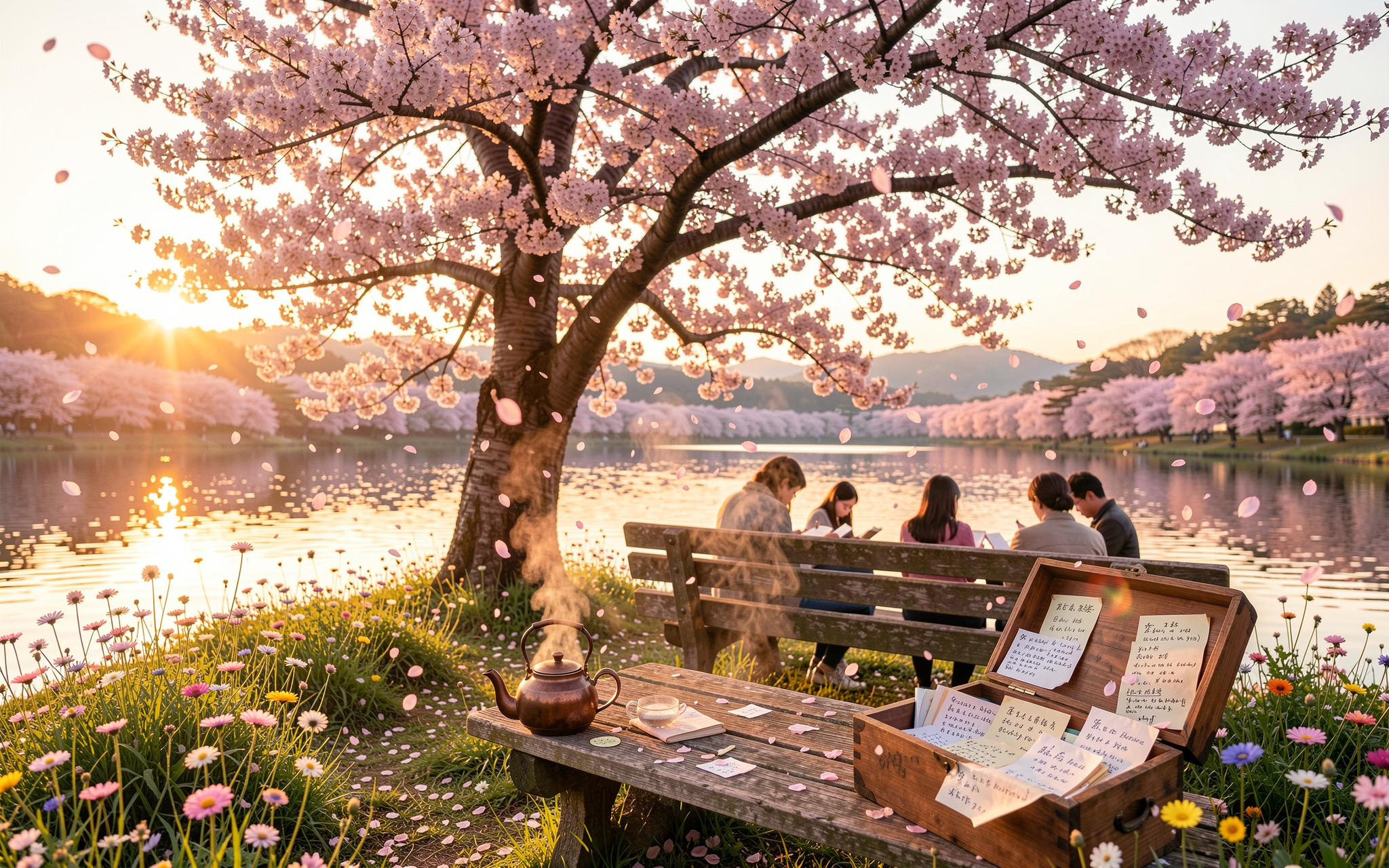 [Golden hour cherry blossom lakeside, falling sakura petals, foreground picnic table with teapot and letter chest, group s...