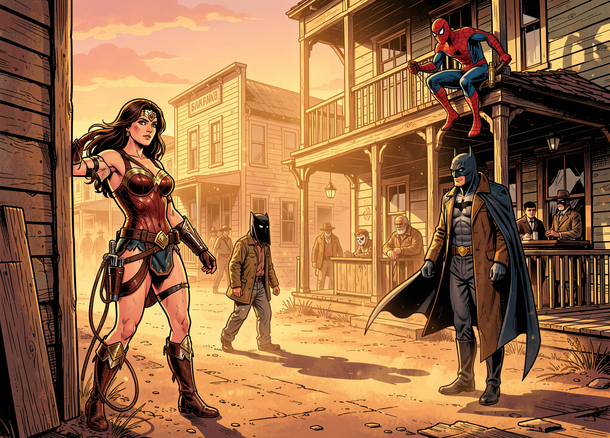 Comic crossover art of Wonder Woman, Batman, and Spider-Man standing in a sunlit Old West frontier town street at golden h...