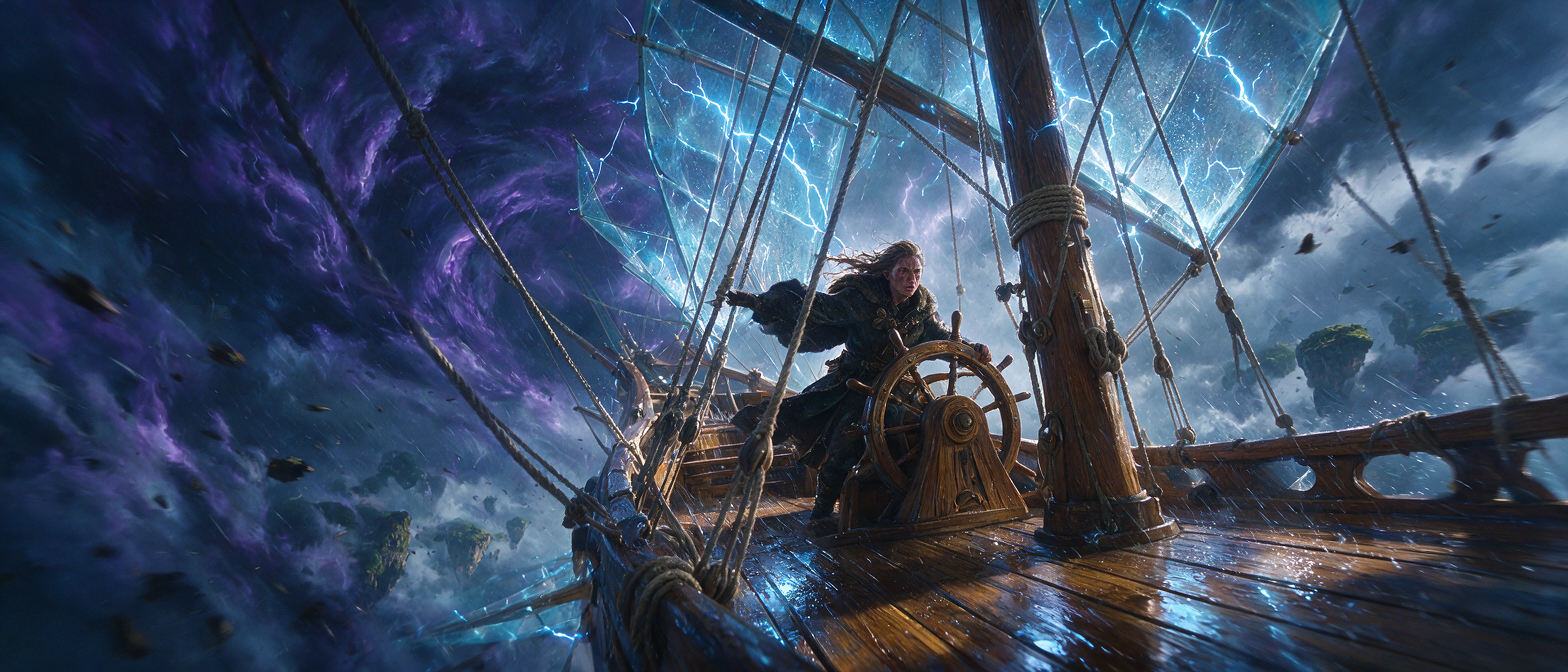 Fantasy ship captain steers a ship with glowing lightning crystal sails through a swirling purple magical storm sky.