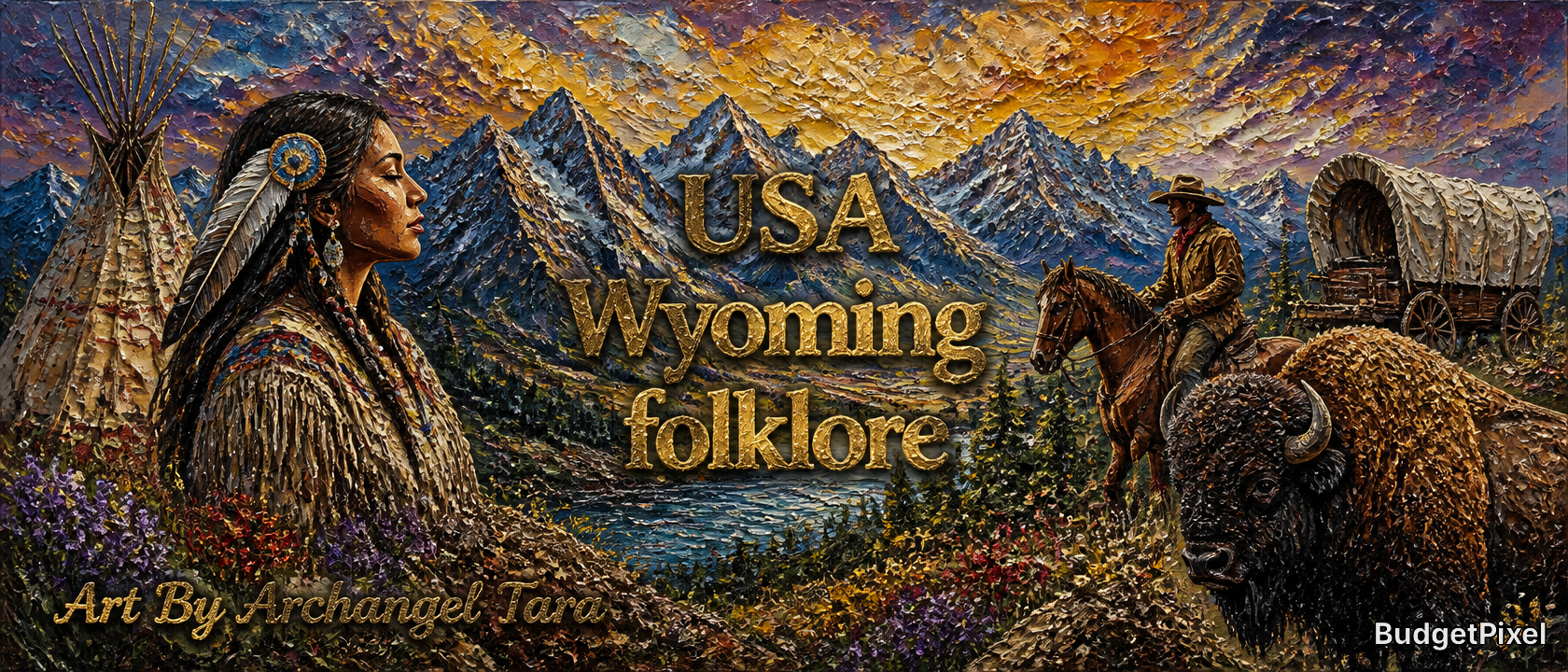 Impasto landscape art with "USA Wyoming folklore" overlay, featuring Indigenous woman, cowboy, bison, and snow-capped moun...