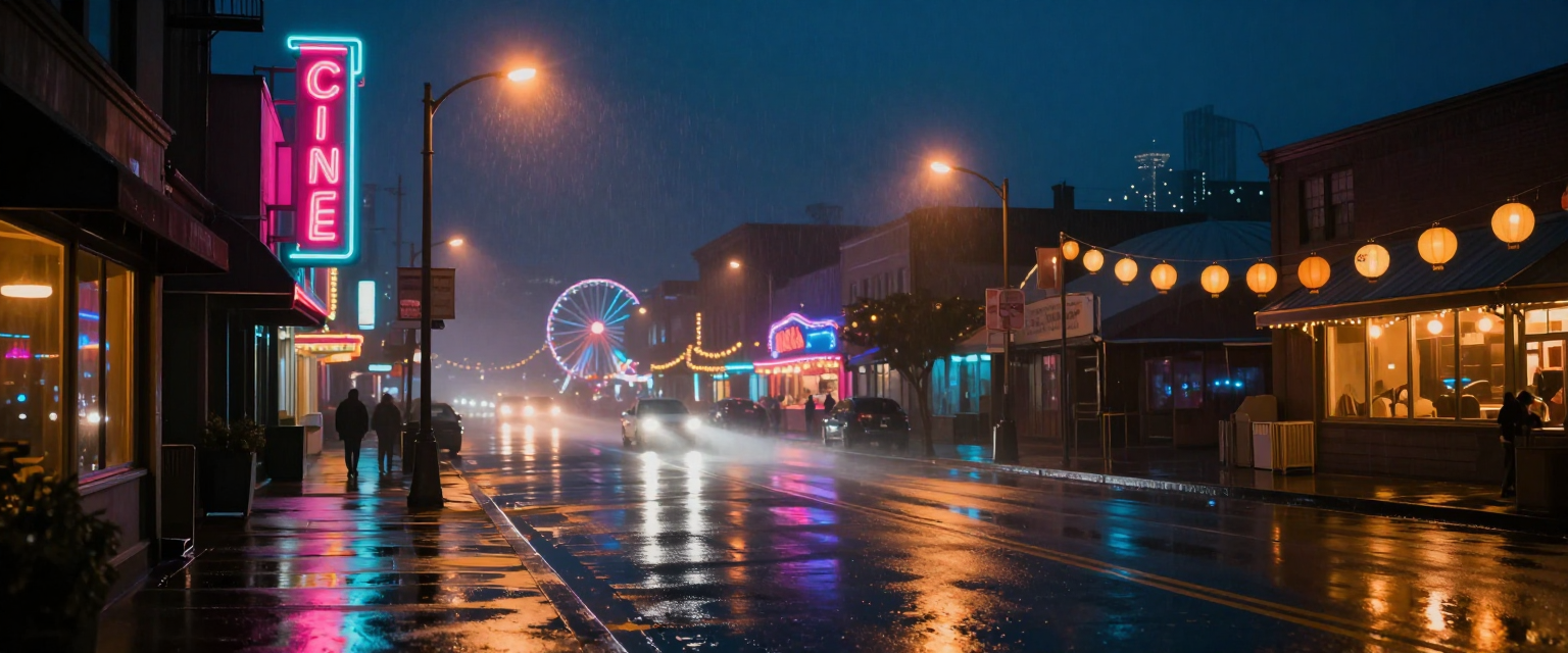 Rainy night entertainment district street with neon cinema sign, glowing ferris wheel, reflective wet pavement, warm stree...