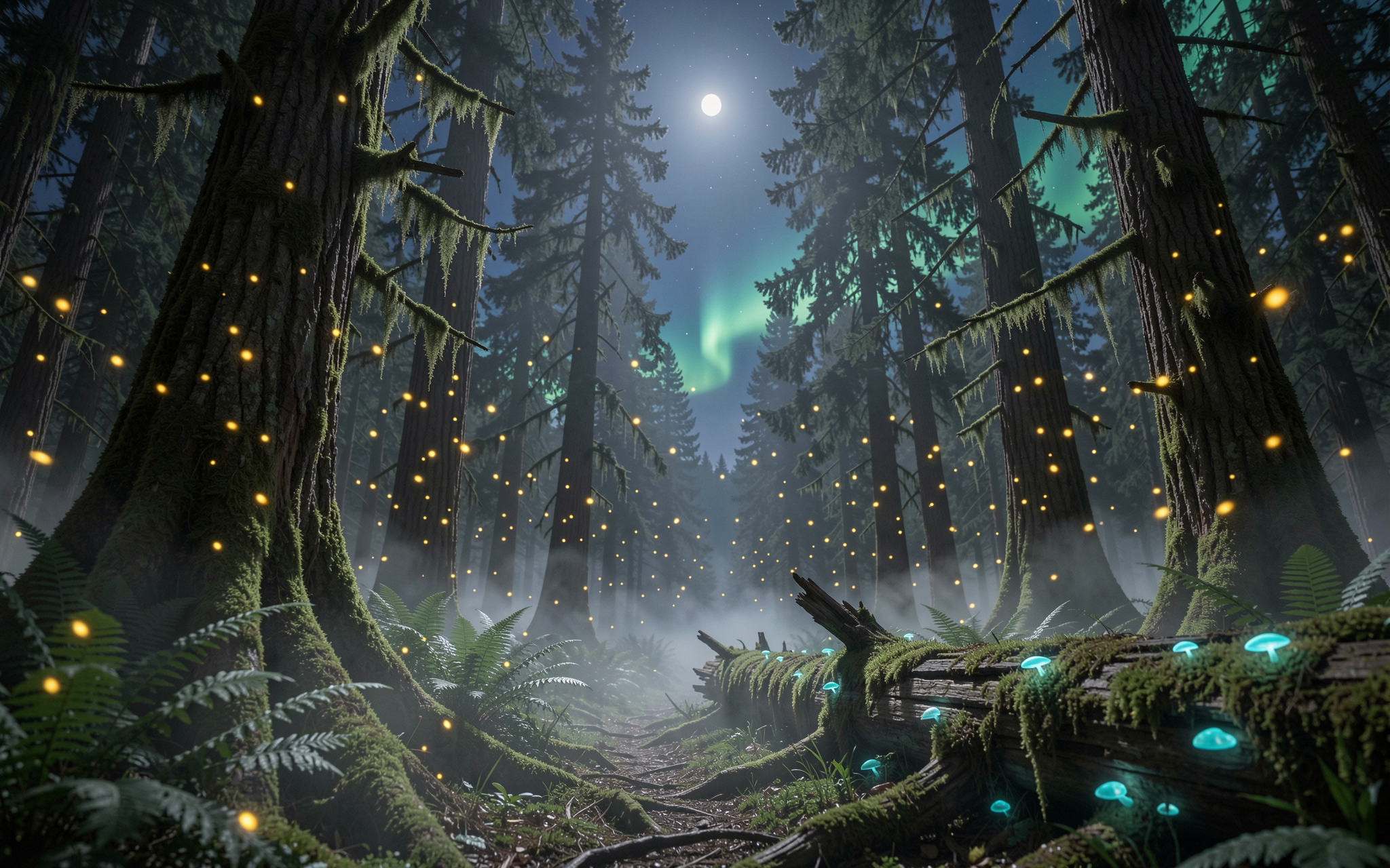 Moonlit enchanted old growth forest with glowing fireflies, bioluminescent mushrooms, northern lights, and wispy ground fog