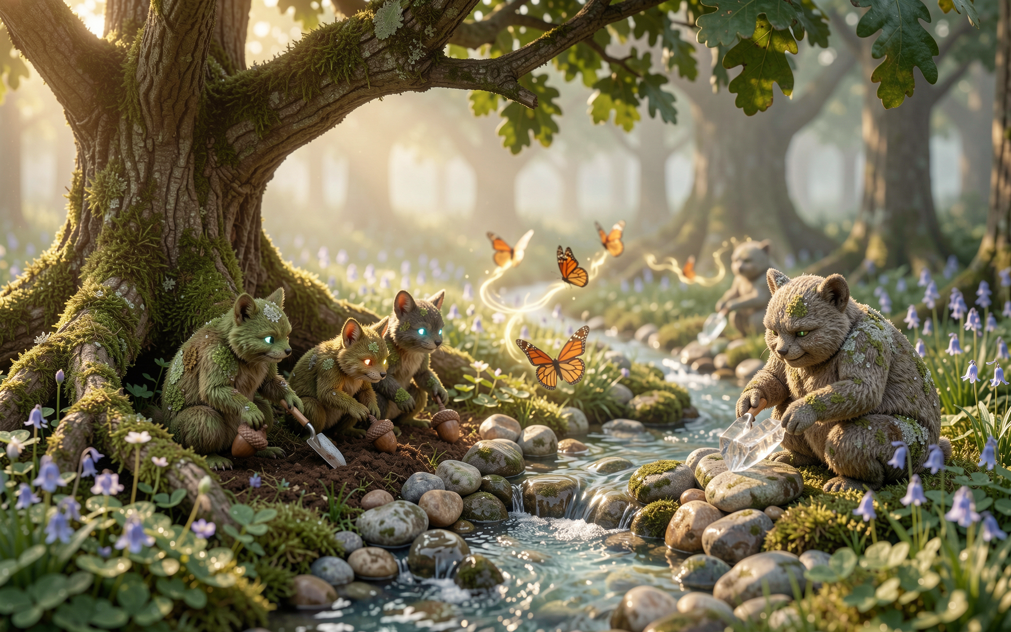 Sunlit enchanted forest glen with mossy fantasy creatures tending a rocky stream, glowing monarch butterflies, and bloomin...
