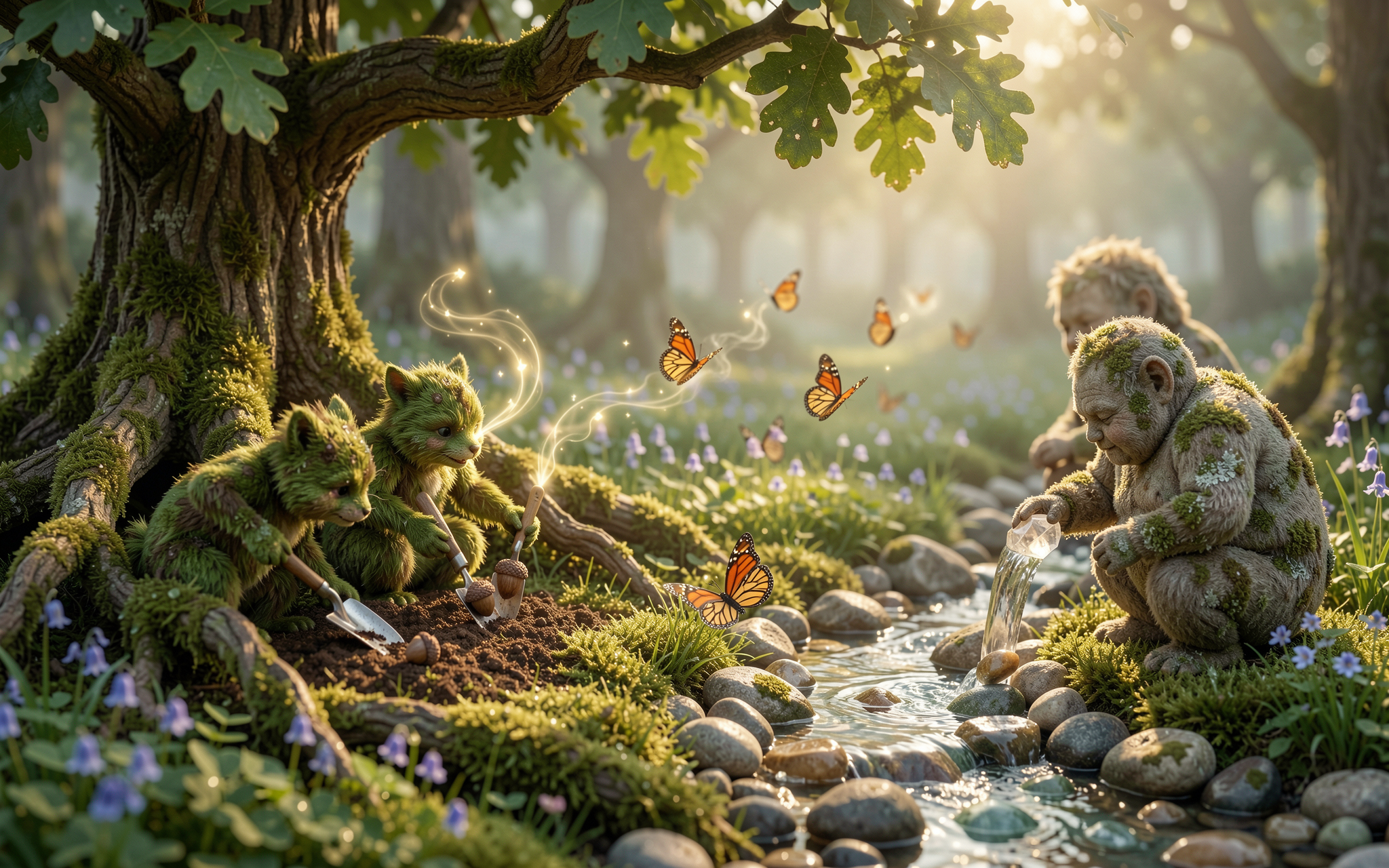 [Whimsical fantasy forest creatures garden beside a shallow stream, surrounded by butterflies and golden sunlit misty wood...