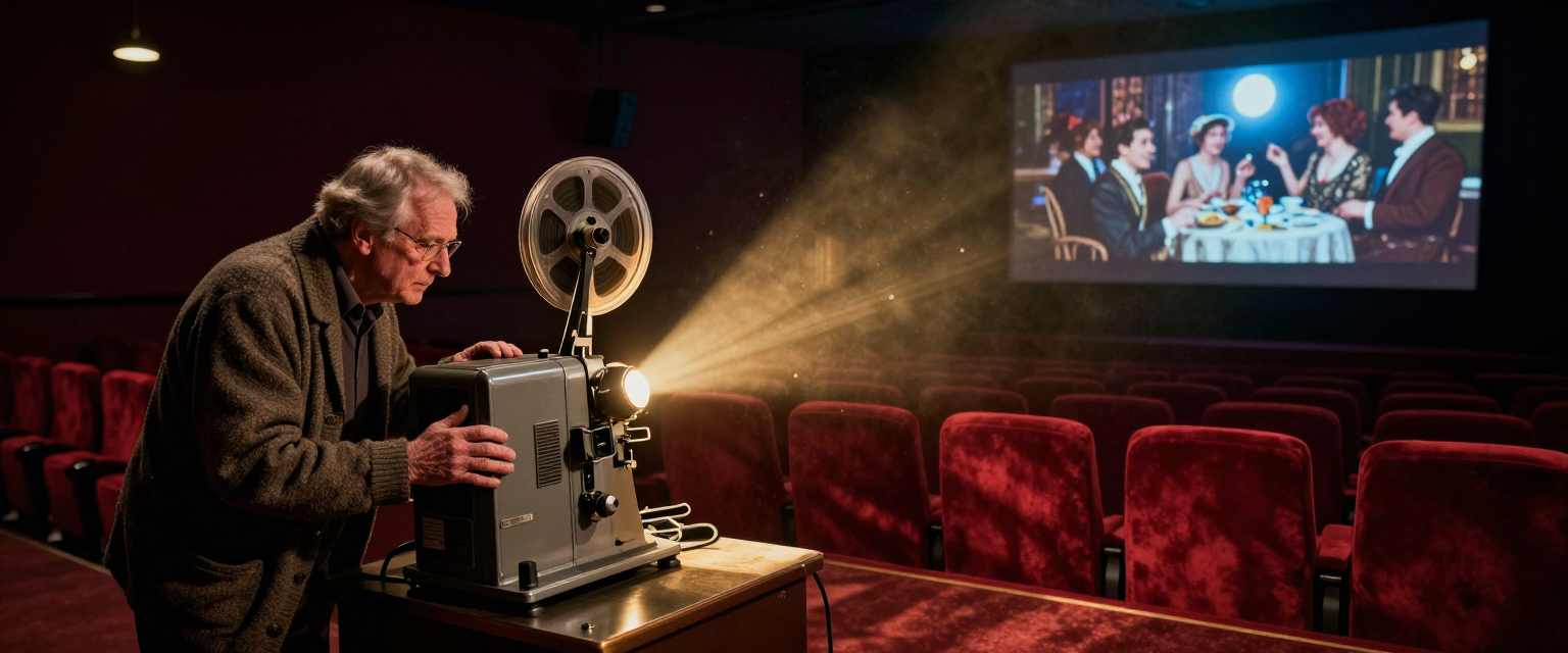 Senior projectionist adjusting a vintage reel film projector, projecting a movie onto a screen in an empty red velvet cinema