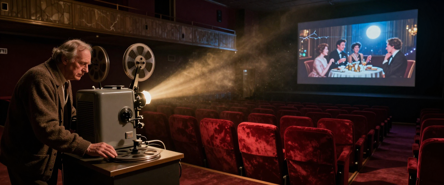 Senior projectionist operates a vintage reel-to-reel film projector screening a movie in an empty classic red velvet movie...
