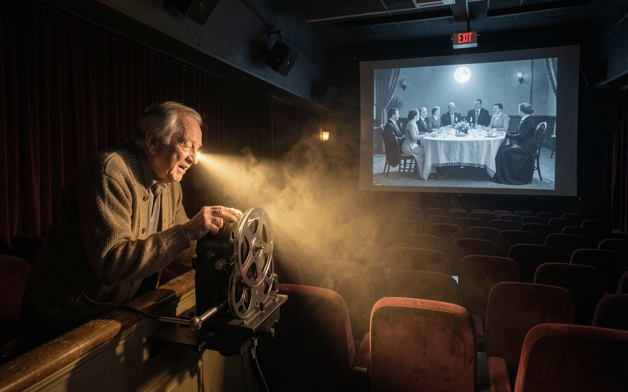 Elderly projectionist operates a vintage reel film projector, casting a hazy light beam to a classic movie screen in an em...