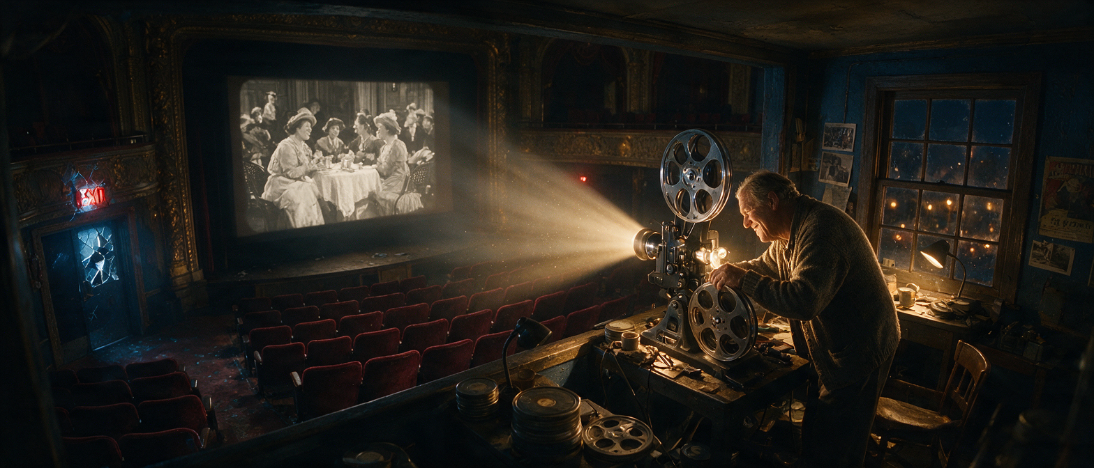 [Elderly projectionist operates a vintage reel-to-reel film projector in a historic empty theater, projecting a silent bla...