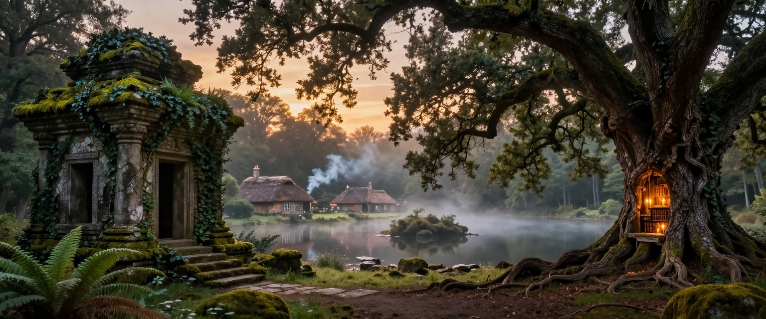 Misty golden hour lakeside forest scene with mossy ancient stone ruin, glowing hollow oak home, and thatched cottages acro...