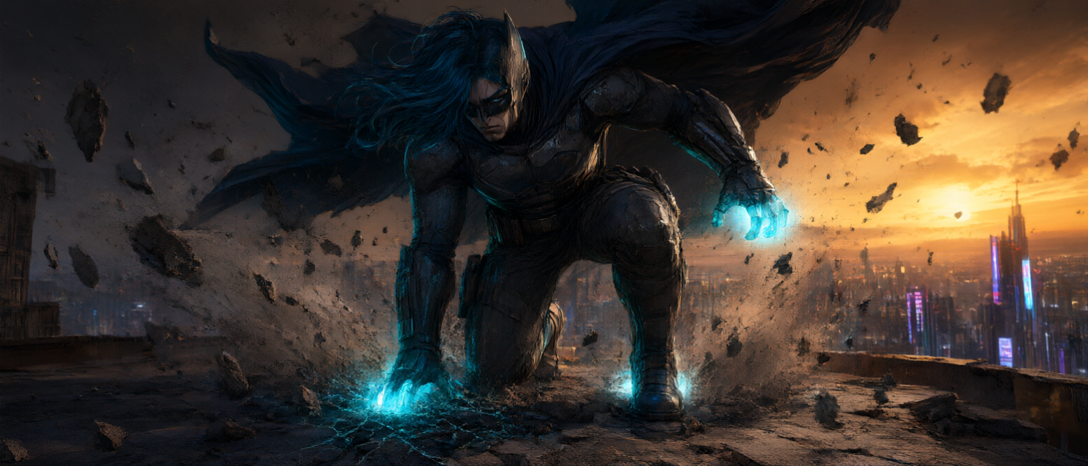 Masked caped superhero kneels on crumbling rooftop, glowing blue energy from hands, sunset city skyline backdrop