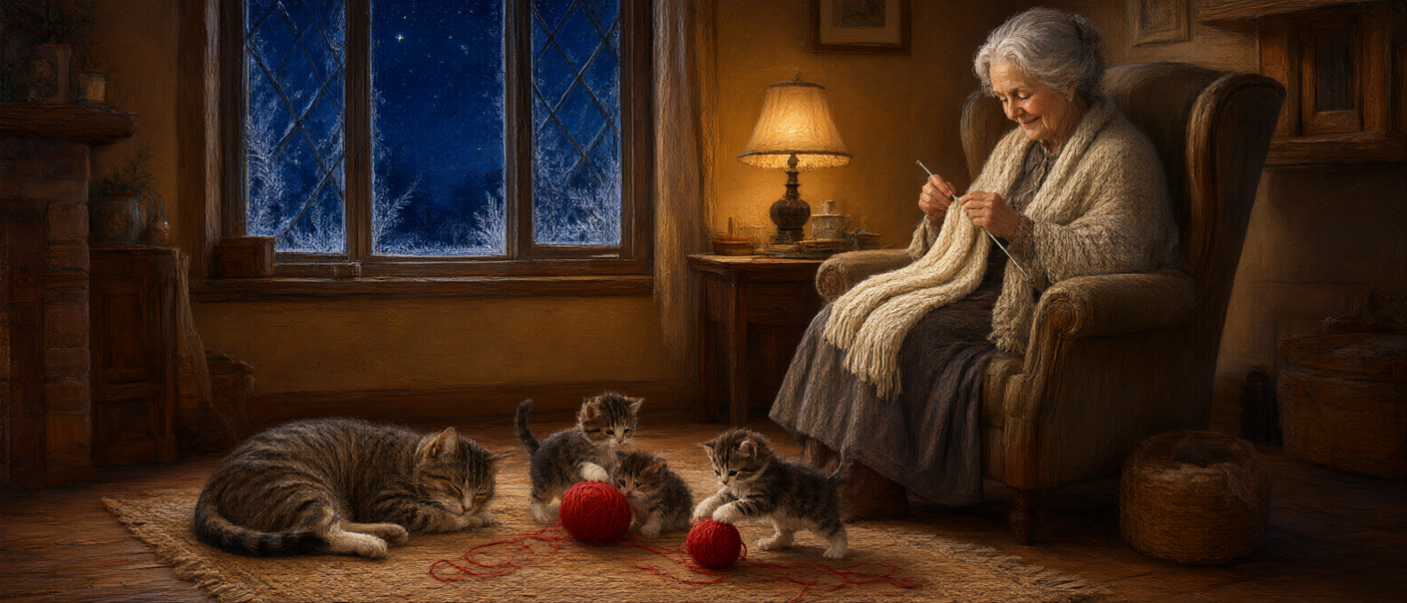 Elderly woman knits in armchair as tabby cat and kittens play with yarn, beside frosted winter window under warm lamp light.