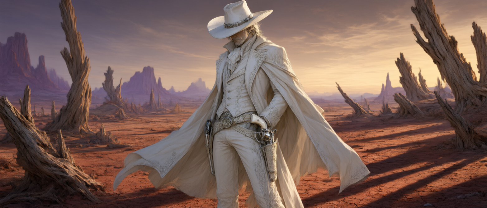 [Mysterious elegant gunslinger in all-white western attire stands in a barren desert at golden sunset, dual revolvers at h...
