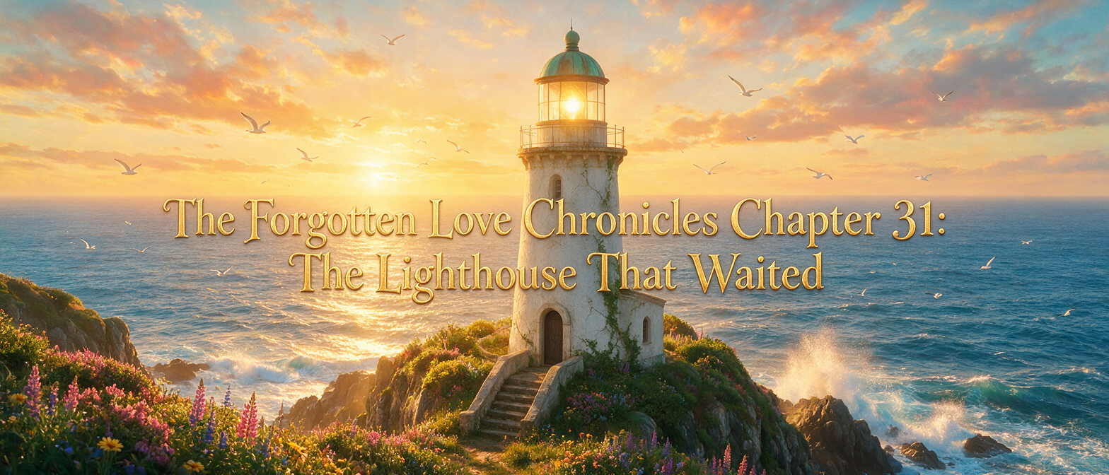 [Chapter title card of a glowing cliffside lighthouse at golden sunset, titled The Forgotten Love Chronicles Chapter 31: T...