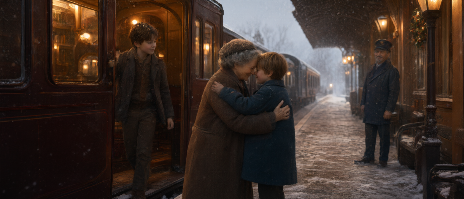 Elderly grandmother hugs a young boy on a snowy vintage train platform, as another boy exits the train car.