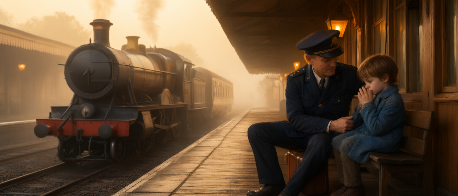 [Vintage steam train sits at foggy golden hour station as a railway conductor comforts a sad young boy on a wooden platfor...