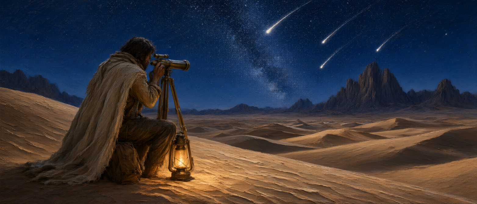[Solitary robed astronomer uses an antique brass telescope to watch a meteor shower from desert sand dunes under a starry ...