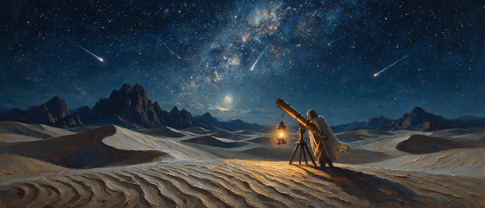 Hooded stargazer peers through an antique telescope at a meteor shower over desert dunes under a glowing starry Milky Way sky