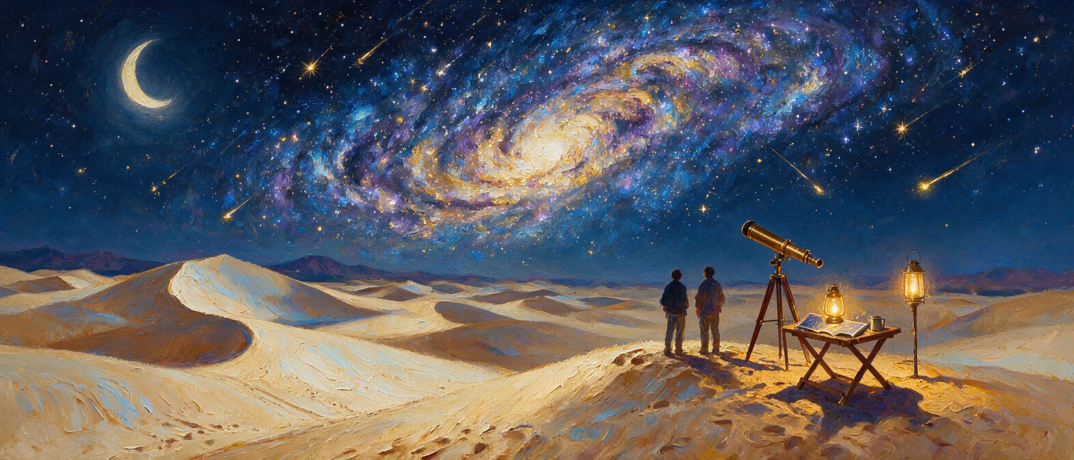 Impressionist painting of two stargazers with a telescope observing a swirling spiral galaxy over desert sand dunes at moo...