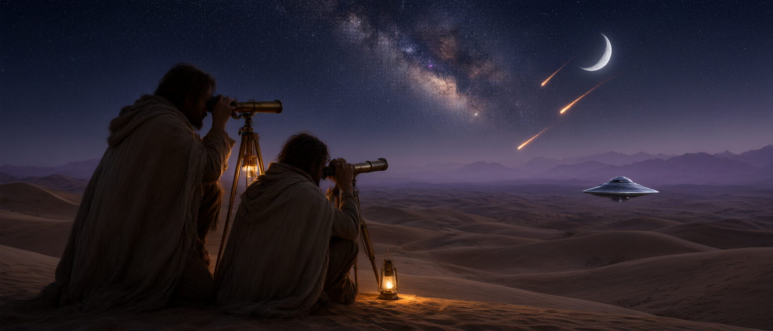 Two robed stargazers use vintage telescopes to observe a UFO, meteors, and the Milky Way over desert dunes at night.